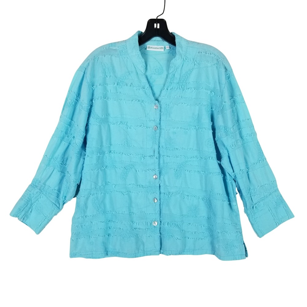 Lulu-B Button Down Blouse Women Large Turquoise Cotton Embroidered Textured 81s
